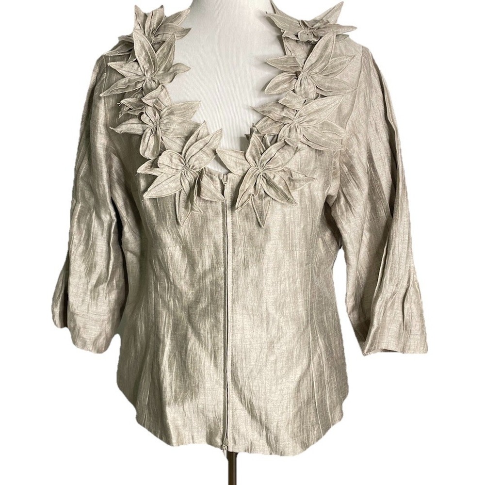 Anne Fontaine Beige Floral Applique Lace Up Back Linen Blend Top Blouse  44 XL